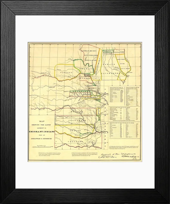 Framed Print : 1836 Map showing the Indian Territories (now Oklahoma) assigned to displaced Eastern Indians tribes; Cherokees, Creeks, Choctaws, Osages, and Seminoles