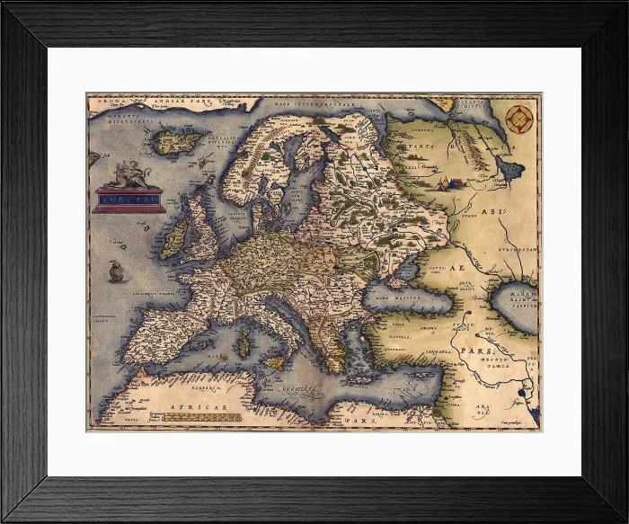 Framed Print : 1570 map of Europe. From Abraham Ortelius atlas, 'Theatrvm orbis terrarvm.' Framed Print : 1570 map of Europe. From Abraham Ortelius atlas, 'Theatrvm orbis terrarvm.'