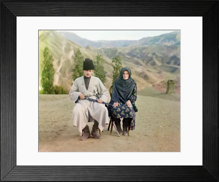 Framed Print : Man and woman of Dagestan, title: Dagestani types, original translation: Tipy Dagestani, photograph by Sergei Mikhailovich Prokudin-Gorskii, 1905-1915