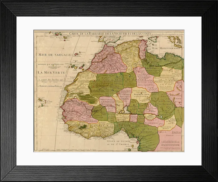 Framed Print : 1707 French map of Northwest Africa, identifying kingdoms and boundaries within the large regions Barbary, Nigreties, and Guinea