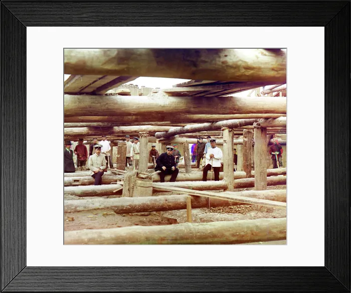 Framed Print : Laying concrete for the dam's sluice, original translation: Betonirovka fliutbeta plotiny, Beloomut, photograph by Sergei Mikhailovich Prokudin-Gorskii, 1912