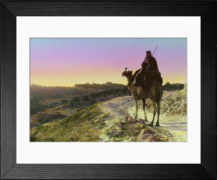 Framed Print : Man on a camel and horizon, Bethlehem, Juda, and Blue Galilee, hand colored photograph, 1925-1946 Framed Print : Man on a camel and horizon, Bethlehem, Juda, and Blue Galilee, hand colored photograph, 1925-1946