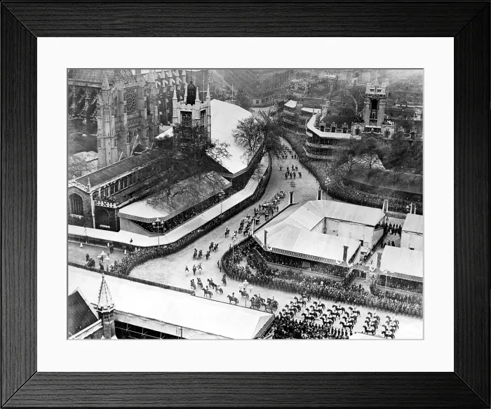 Framed Print : ARRIVING FOR CORONATION A general view taken from the Big Ben Tower of the houses of parliament showing the royal coach arriving at Westminster Abbey for the coronation ceremony