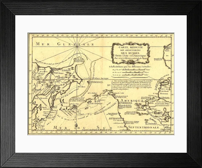 Framed Print : 1747 map showing Alaska as a Russian territory. Russian 18th century eastward expansion extended beyond Siberia to North America