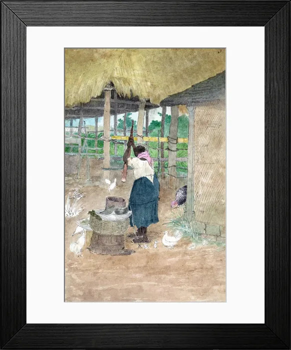 Framed Print : Woman in yard, chickens and thatched roof structure nearby, original title: Woman beating cassava, Jamaica, watercolor and gray ink by William Berryman, circa 1808-1816