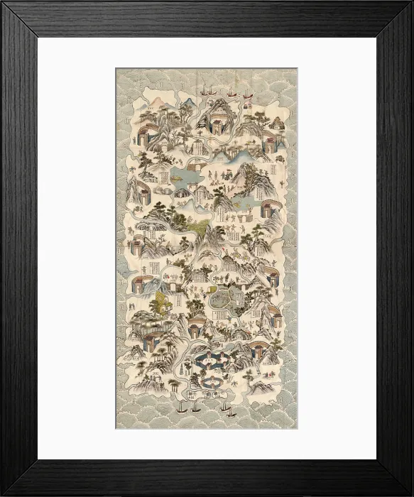 Framed Print : 19th century Chinese pictorial map of the island of Hainan and shows the customs and habits of the Li tribes in the central part of the island