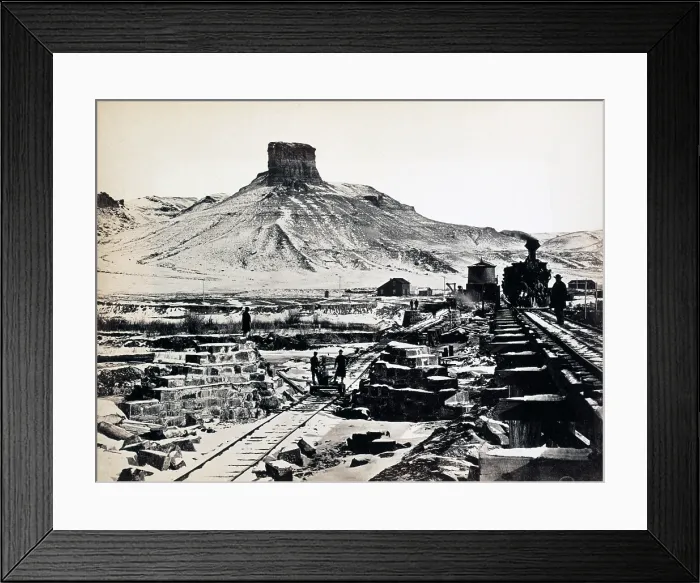 Framed Print : Citadel rock, Green River Valley, the construction of a railroad bridge in the Green River Valley, Wyoming, and Citadel Rock, a prominent rock formation rising above the plateau