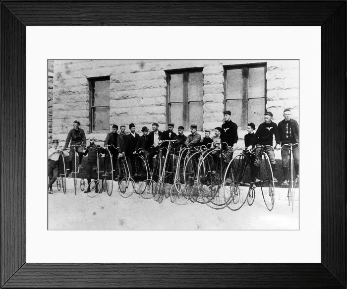 Framed Print : Bicyclers, 1890s. Each bet they would make it to Santa Monica from Los Angeles City Hall without falling off. Courtesy: CSU Archives / Everett Collection