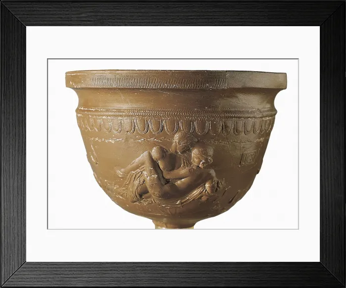 Framed Print : Cup made with Aretian 'terra sigillata' depicting an erotic scene. It belongs to school of Perenius. Roman art. Early Empire. Ceramics. SPAIN. Barcelona