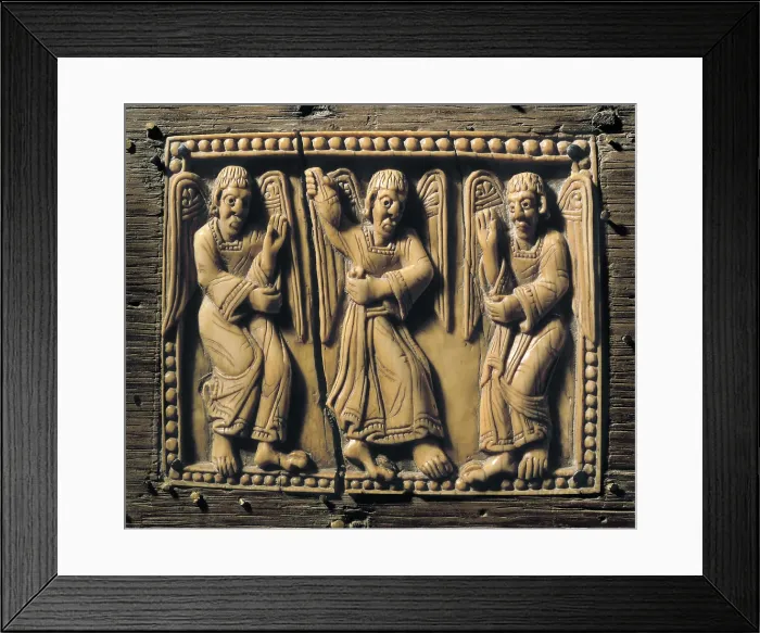 Framed Print : Small chest of the ivories of Saint John and Saint Pelayo. ca. 1063. Detail of the angels. Mozarabic art. Decorative Arts; Sculpture on ivory. SPAIN. Len