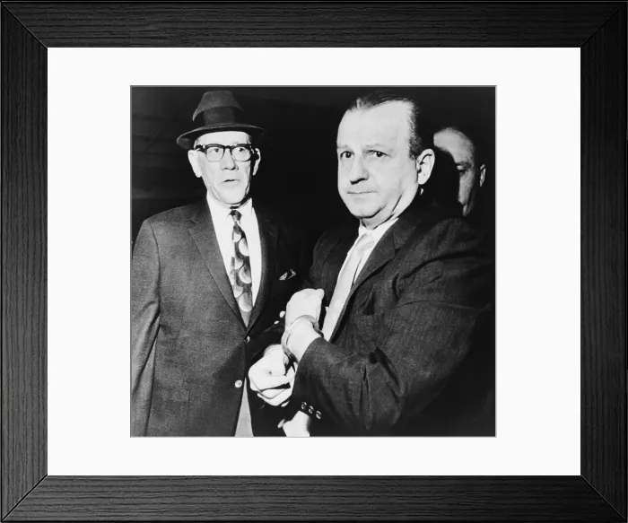 Framed Print : Handcuffed Jack Ruby, killer of JFK assassin Lee Harvey Oswald, escorted by Dallas County Sheriff Bill Decker, to a sanity evaluation, Dallas, Texas. 1963