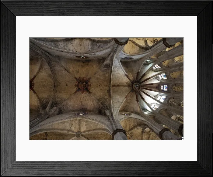 Framed Print : SPAIN. Barcelona. Church of Santa Maria del Mar. View of the groin vault over main nave and polygon presbytery.D200. Gothic art. Architecture; Glass window