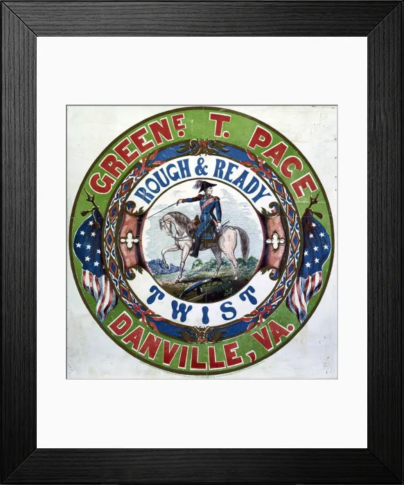 Framed Print : Zachary Taylor, 'rough & ready'. Tobacco label, illustrated with equestrian portrait of Gen. Zachary Taylor on a Mexican War battlefield. ca. 1855