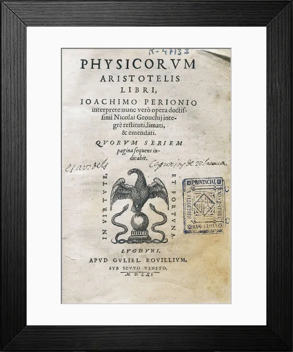 Framed Print : ARISTOTLE (384-332 BC). 'Physicorum'. frontispiece. Edition made in Lyon (1561). SPAIN. Barcelona. Biblioteca de Catalunya (National Library of Catalonia) Framed Print : ARISTOTLE (384-332 BC). 'Physicorum'. frontispiece. Edition made in Lyon (1561). SPAIN. Barcelona. Biblioteca de Catalunya (National Library of Catalonia)