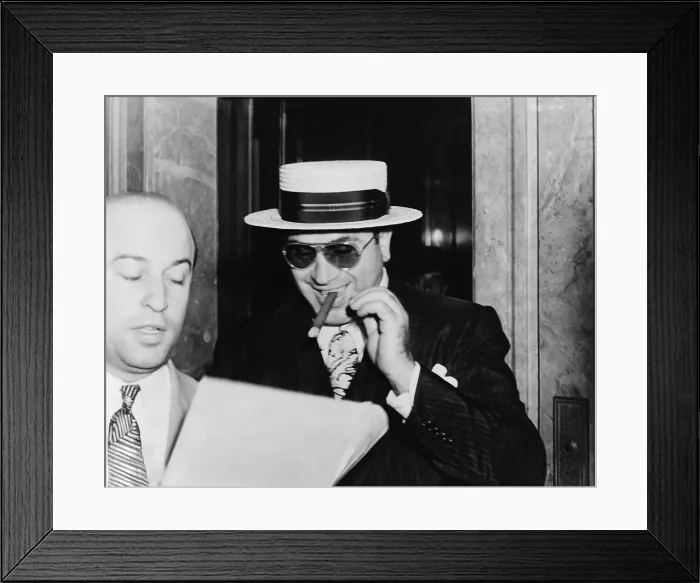 Framed Print : Al Capone, with a cigar and a big smile, leaving Federal building in Miami, Florida, preceded by his attorney Abe Teitelbaum. 1941 Framed Print : Al Capone, with a cigar and a big smile, leaving Federal building in Miami, Florida, preceded by his attorney Abe Teitelbaum. 1941
