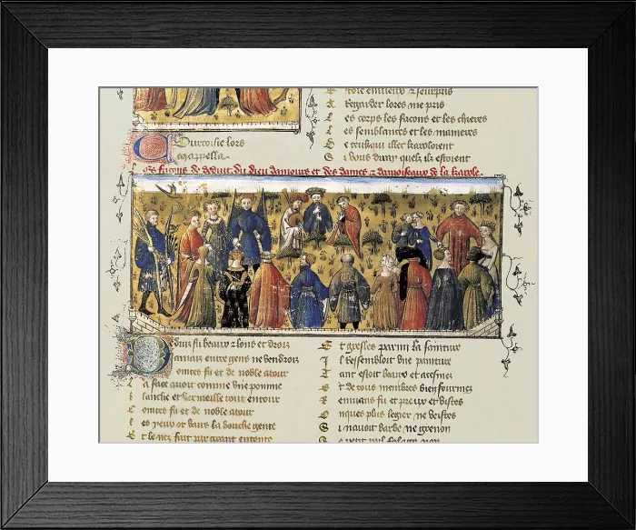 Framed Print : The Romance of the Rose. s.XIV. Court dance with musicians playing. Appear: the God of Love, Beauty, Liberation, Frankness, Courtesy and Youth. Gothic art. Miniature Painting
