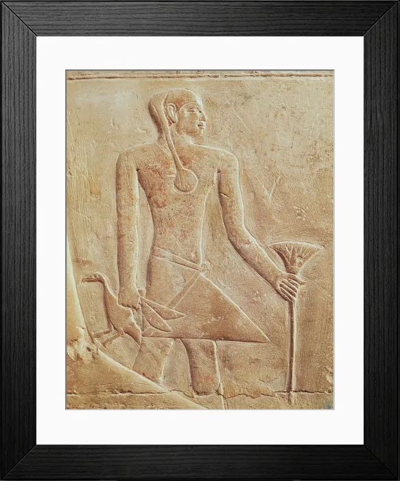 Framed Print : Mastaba of Mereruka. ca. 2323 BC. EGYPT. Saqqara. Servant with bird. Egyptian art. Old Kingdom. Relief on rock. - BeBa / Iberfoto / Everett Collection (202948)**US SALES ONLY**
