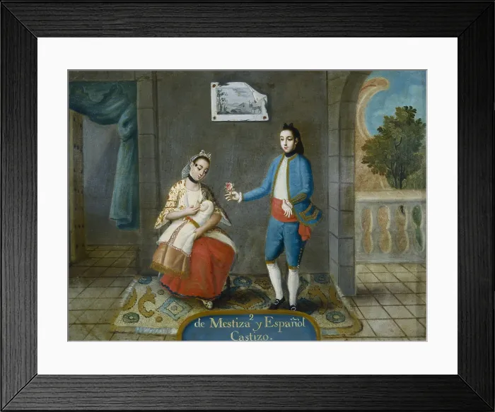 Framed Print : De Mestiza y Espanol, Castizo (From a Mestizo woman and a Spanish man, a Pure child comes). h. 1775 - 1800. Painting num. 2. Casta paintings. Mexican school. Colonial baroque Framed Print : De Mestiza y Espanol, Castizo (From a Mestizo woman and a Spanish man, a Pure child comes). h. 1775 - 1800. Painting num. 2. Casta paintings. Mexican school. Colonial baroque
