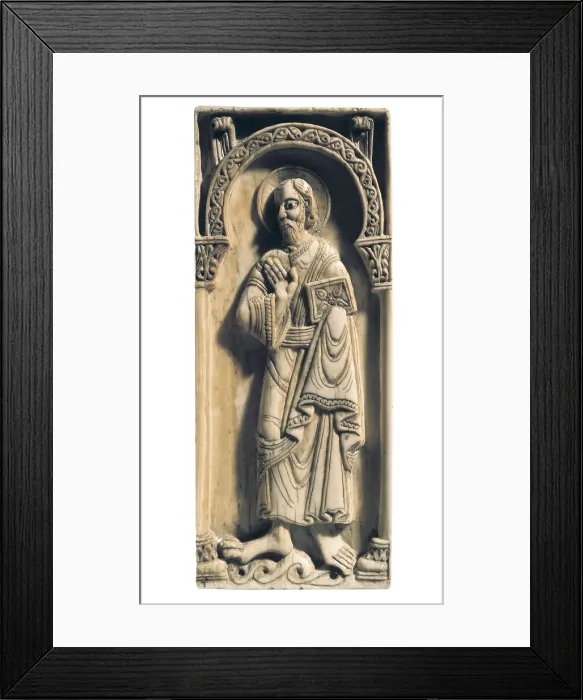 Framed Print : Small chest of the ivories of Saint John and Saint Pelayo. ca. 1063. Detail od Saint John the Evangelist. Mozarabic art. Sculpture on ivory. SPAIN. Len