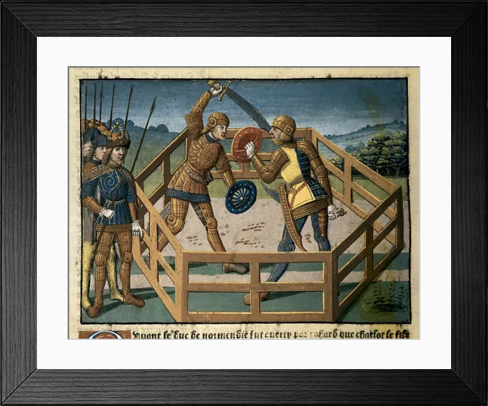 Framed Print : Fouquet, Jean (1420-1481). Two knights fighting. Illustration from 'The Great Chronicles of France' (XIV). Gothic art. Miniature Painting. FRANCE. Paris Framed Print : Fouquet, Jean (1420-1481). Two knights fighting. Illustration from 'The Great Chronicles of France' (XIV). Gothic art. Miniature Painting. FRANCE. Paris