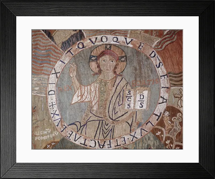 Framed Print : Tapestry of Creation. 1st half 12th c. Center detail. Representation of Christ Pantocrator. Romanesque art. Tapestry. SPAIN. Gerona. Cathedral's Treasure-Capitular Museum