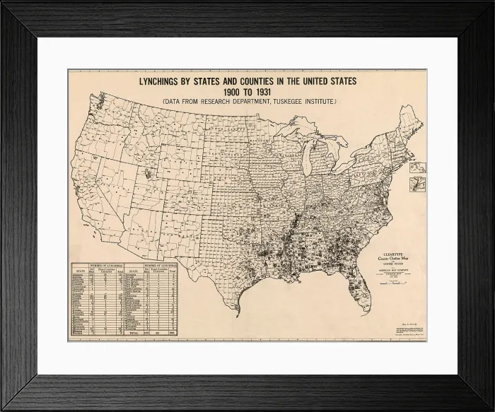 Framed Print : 1931 map, based on statistical research of Tuskegee Institute, shows lynchings by states and counties in the United States, 1900-1931 Framed Print : 1931 map, based on statistical research of Tuskegee Institute, shows lynchings by states and counties in the United States, 1900-1931