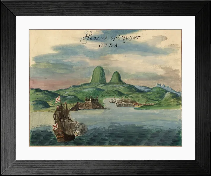 Framed Print : View of Havana, Cuba in 1639, including buildings, ships, and fortifications