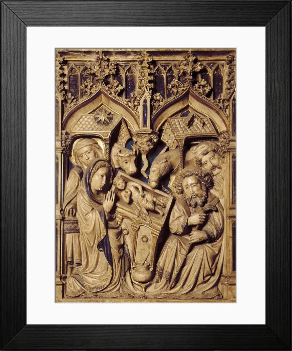Framed Print : OLLERPere (15th century). Altarpiece of Saint Mary and Saint Peter. 1420. SPAIN. Vic. Cathedral. Old High Altar of the cathedral. Alabaster. Detail with scene of the Birth