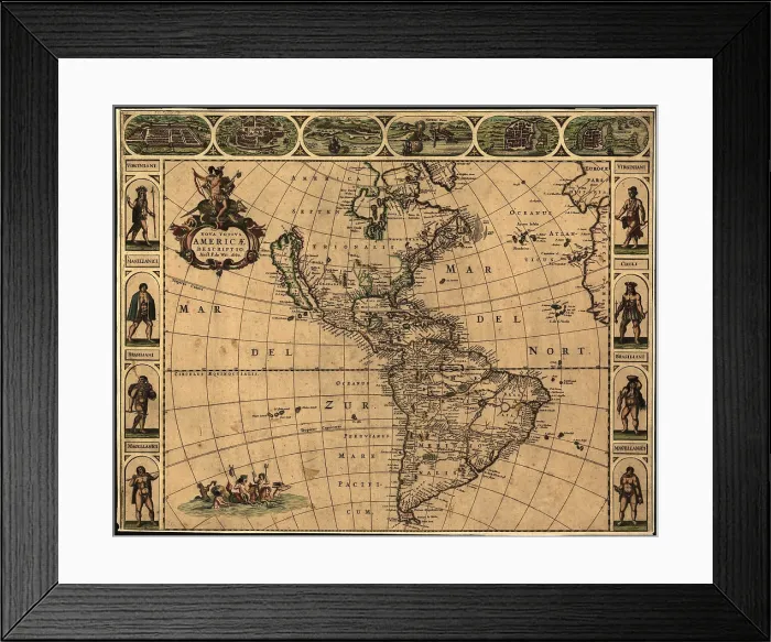 Framed Print : 1660 map of the Western Hemisphere, indicating the geographic knowledge and European settlement. California is shown as an island, and Northwestern North America is undefined