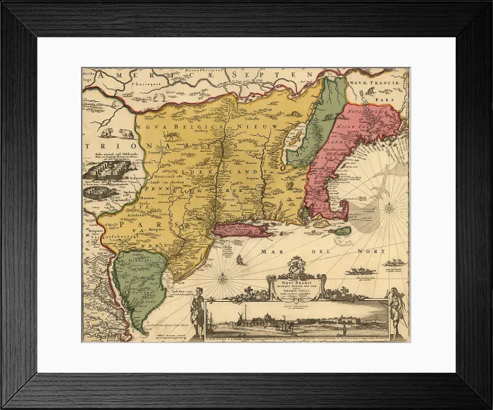 Framed Print : 17th century map of land that became New England, New Jersey, and New York. Map includes a view of New Amsterdam, later New York City, in 1685, when it was under Dutch control Framed Print : 17th century map of land that became New England, New Jersey, and New York. Map includes a view of New Amsterdam, later New York City, in 1685, when it was under Dutch control