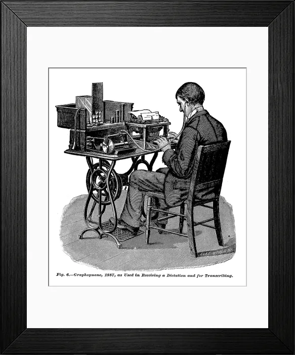 Framed Print : The graphophone, an early recording device, the text reads: Graphophone, 1887, as used in receiving a dictation and for transcribing, 1887 Framed Print : The graphophone, an early recording device, the text reads: Graphophone, 1887, as used in receiving a dictation and for transcribing, 1887