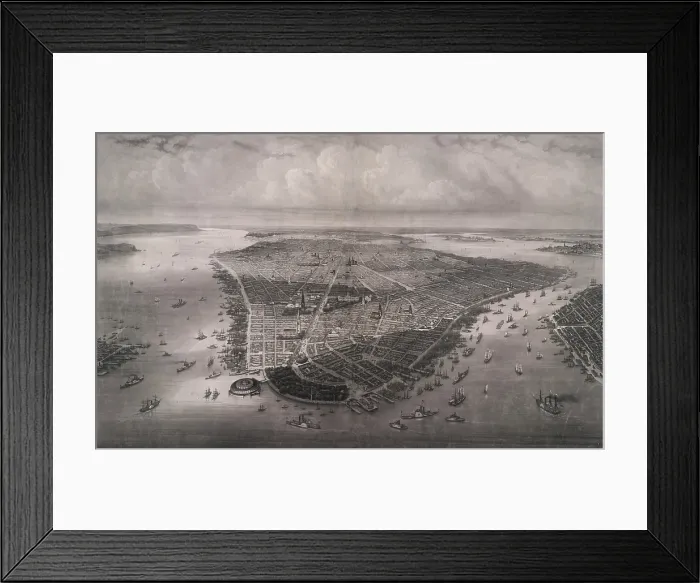 Framed Print : 1851 bird's eye view of New-York, looking north over the length of Manhattan with Battery Park and Castle Garden in the foreground