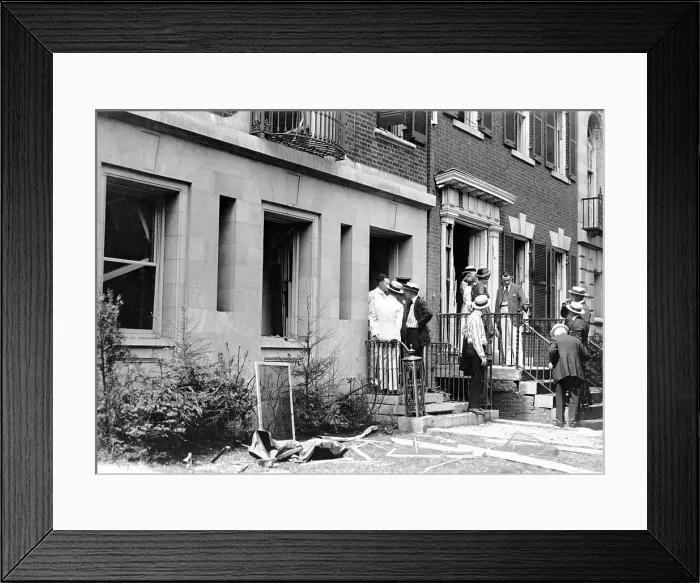 Framed Print : The of home of US Attorney General Alexander Mitchell Palmer, after bomb explosion set by Anarchist Carlo Valdinoci, who died at the scene. c. 1919 Framed Print : The of home of US Attorney General Alexander Mitchell Palmer, after bomb explosion set by Anarchist Carlo Valdinoci, who died at the scene. c. 1919