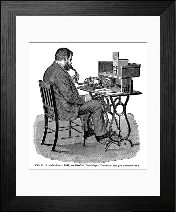 Framed Print : The graphophone, an early dictaphone, the text reads: Graphophone, 1887, as used in receiving a dictation and for transcribing, circa 1887