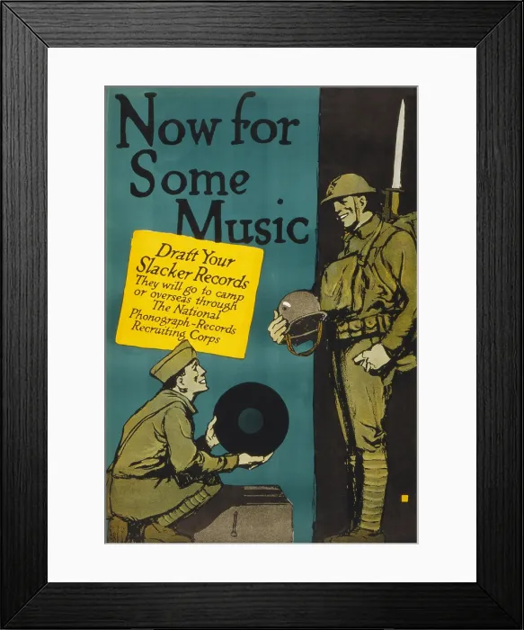 Framed Print : Poster by Charles Buckles, showing a World War I soldier about to play a record as another looks on, titled Now for some music Framed Print : Poster by Charles Buckles, showing a World War I soldier about to play a record as another looks on, titled Now for some music