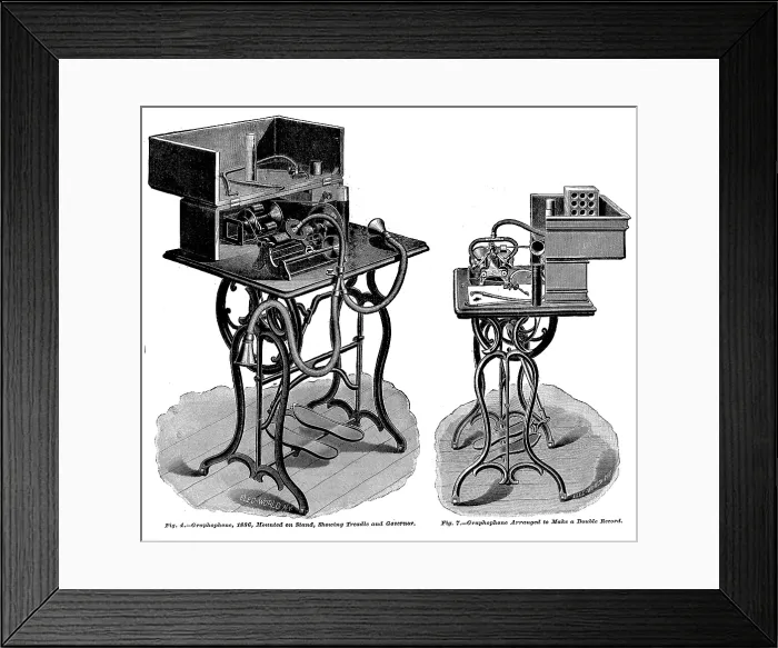 Framed Print : The graphophone, an early recording device, the text reads: Graphophone, 1886, mounted on stand, showing treadle and governor