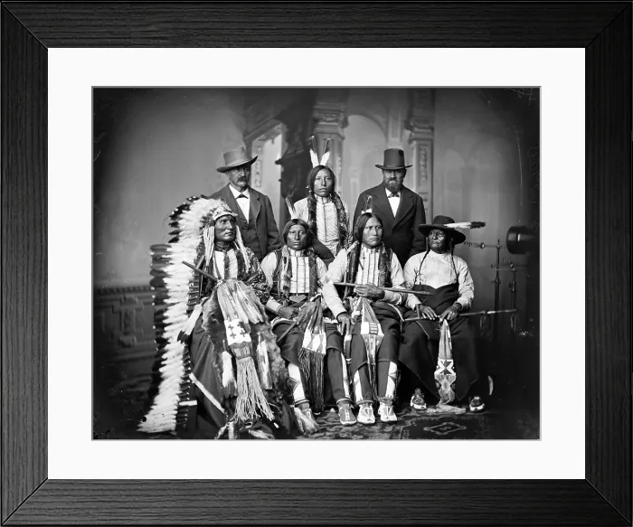 Framed Print : Native Americans, Sioux Indians, back tanding: Joe Merrivale, Young Spotted Tail, Antoine Janis, first three seated: Touch-the-Clouds, Little Big Man, Black Cool