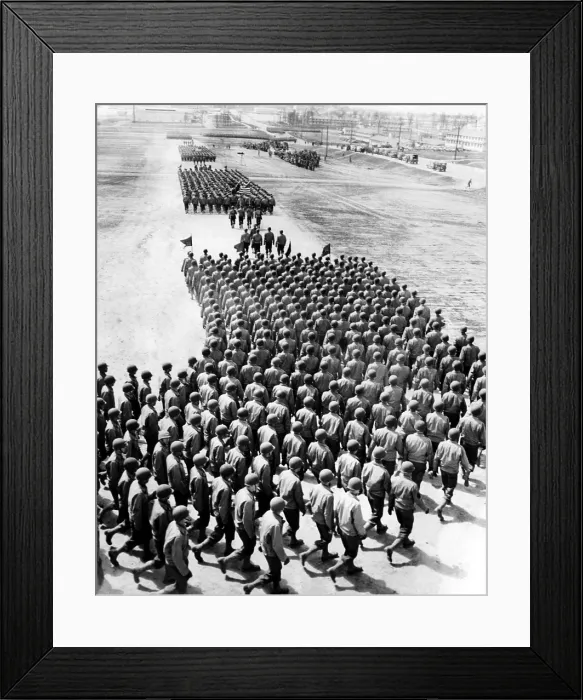 Framed Print : Troops of the new 75th infantry division march onto the drill field, Fort Leonard Wood, Missouri, April 17, 1943.. Courtesy: CSU Archives  /  Everett Collection