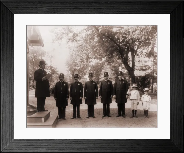 Framed Print : Quentin Roosevelt and Archie Roosevelt join the White House Police for inspection. 1902 photography by Frances Benjamin Johnston Framed Print : Quentin Roosevelt and Archie Roosevelt join the White House Police for inspection. 1902 photography by Frances Benjamin Johnston