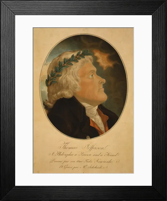 Framed Print : Thomas Jefferson, wearing laurel crown. Aquatint portrait after painting by Jefferson's friend, Polish patriot and war hero Thaddeus Kosciusko (Tadeusz Kosciuszko). Ca. 1799