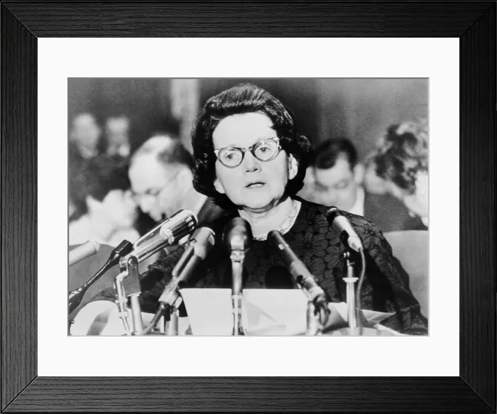 Framed Print : Scientist Rachel Carson (1907-1964), appearing before a Senate Government Operations subcommittee studying pesticides on January 4, 1963