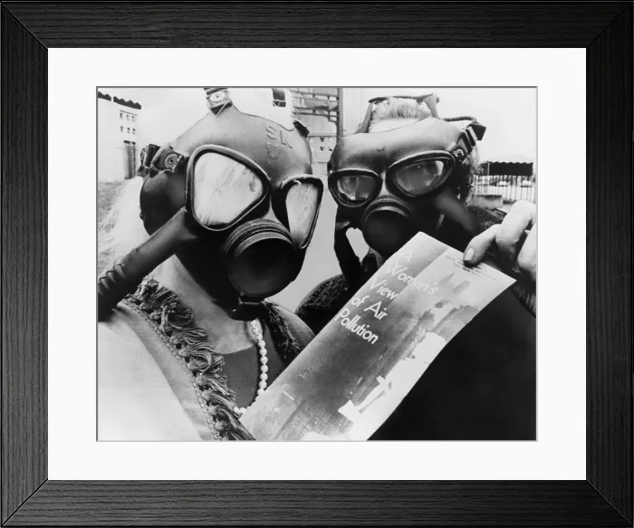 Framed Print : Mrs. Margaret Klein and Mrs. Marvin Blumenfeld, wearing gas masks, as they pass out a health bulletin, A WOMANS VIEW OF AIR POLLUTION at the Kiel Auditorium in St. Louis. 1966