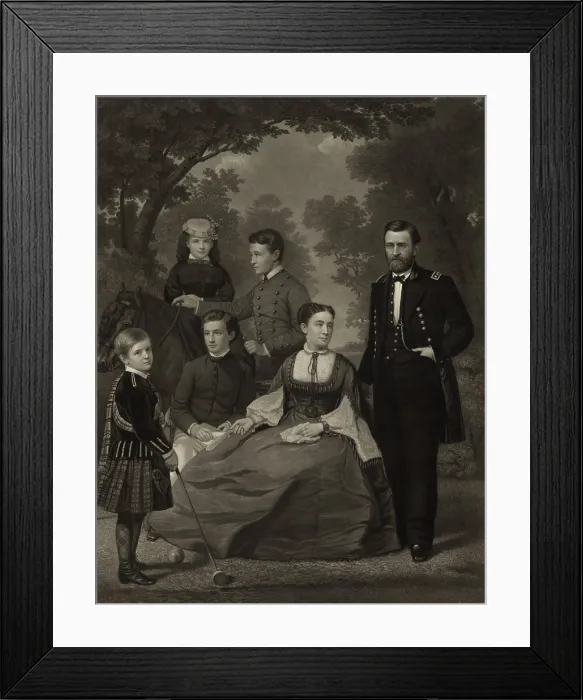 Framed Print : Ulysses S. Grant with his family when he was running for president in 1868. Left to right are: children Jesse, Nellie, Buck, and Fredrick, wife Julia, and General Grant