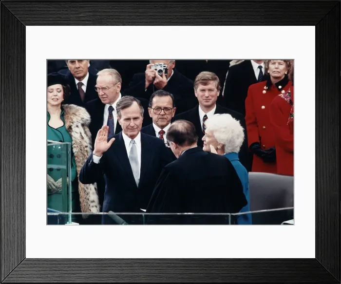 Framed Print : President George Herbert Walker Bush takes the oath of office administered by Chief Justice William Rehnquist. Vice President Dan Quayle and Barbara Bush look on. January 20, 1989 Framed Print : President George Herbert Walker Bush takes the oath of office administered by Chief Justice William Rehnquist. Vice President Dan Quayle and Barbara Bush look on. January 20, 1989