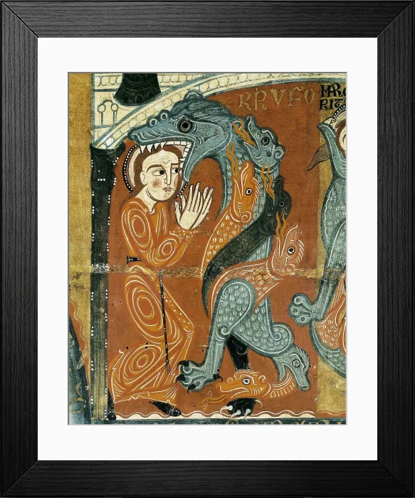 Framed Print : Altar frontal from Santa Margarida de Vilaseca. 2nd half 12th c. Upper right detail. Scene of St. Margaret and the dragon. Romanesque art. Tempera on wood. SPAIN. Vic