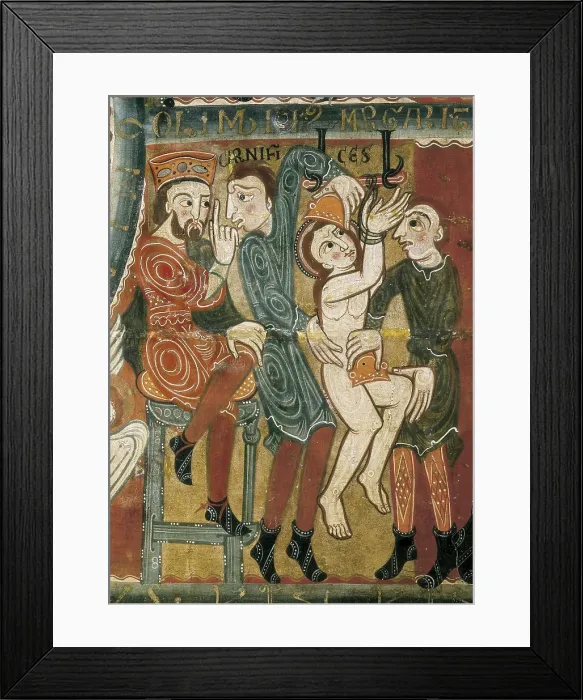 Framed Print : Altar frontal from Santa Margarida de Vilaseca. 2nd half 12th c. Right lower detail. Scene of the martyrdom of St. Margaret with incandescent sheets. Romanesque art