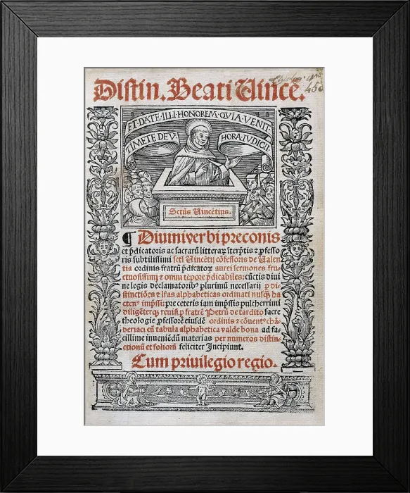Framed Print : VICENTE FERRER, Saint (1350-1419). Saint Vincent Ferrer's sermons. Edition publiseh in Lugduni (Leyden) in 1523. Cover. AISA / Everett Collection**US SALES ONLY** Framed Print : VICENTE FERRER, Saint (1350-1419). Saint Vincent Ferrer's sermons. Edition publiseh in Lugduni (Leyden) in 1523. Cover. AISA / Everett Collection**US SALES ONLY**