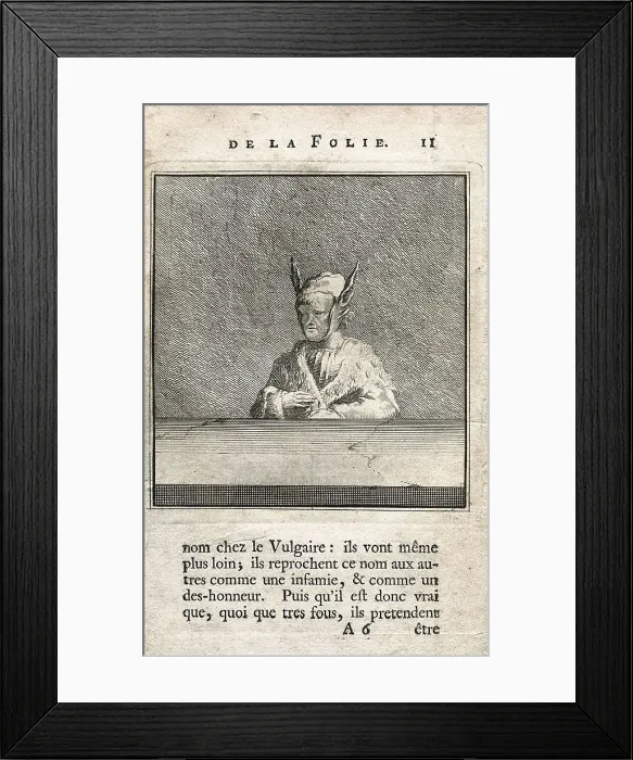 Framed Print : Erasmus, Desiderius Erasmus Roterdamus (1469-1539). 2nd page illustrated of an edition of 'The Praise of Folly'by Erasmus