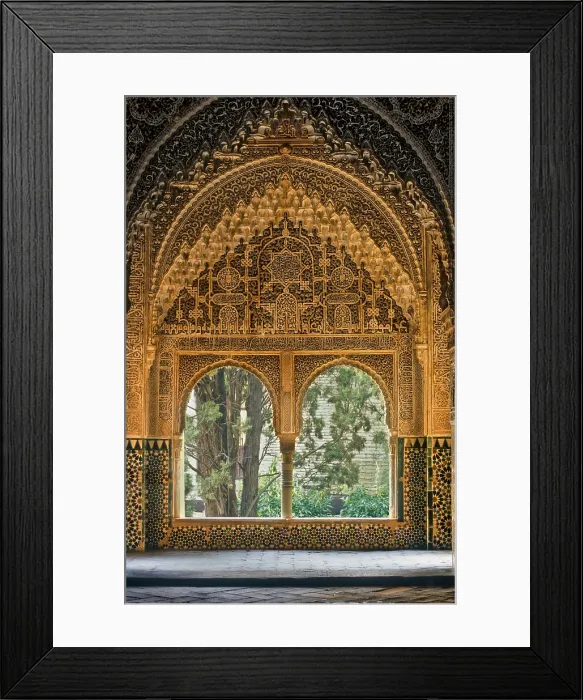 Framed Print : Alhambra. SPAIN. Granada. Alhambra. Alhambra, Nazari Palace. Palace of the Lions. Daraxa or Lindaraja viewpoint at Hall of Aljimences. Hispano-Moresque art. Nasrid dynasty