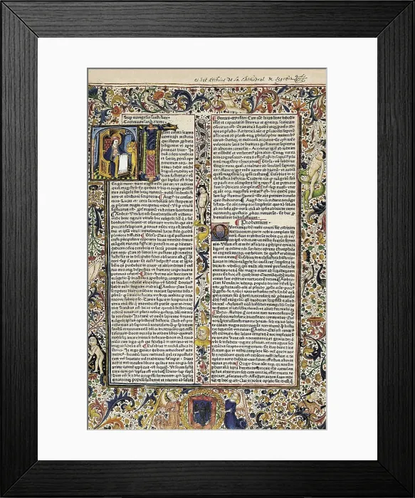 Framed Print : AQUINAS, Thomas, Saint (1225-1274). First page of 'Commentaries on the Gospels' by Saint Thomas Aquinas. Incunabulum. Miniature Painting. SPAIN. Segovia